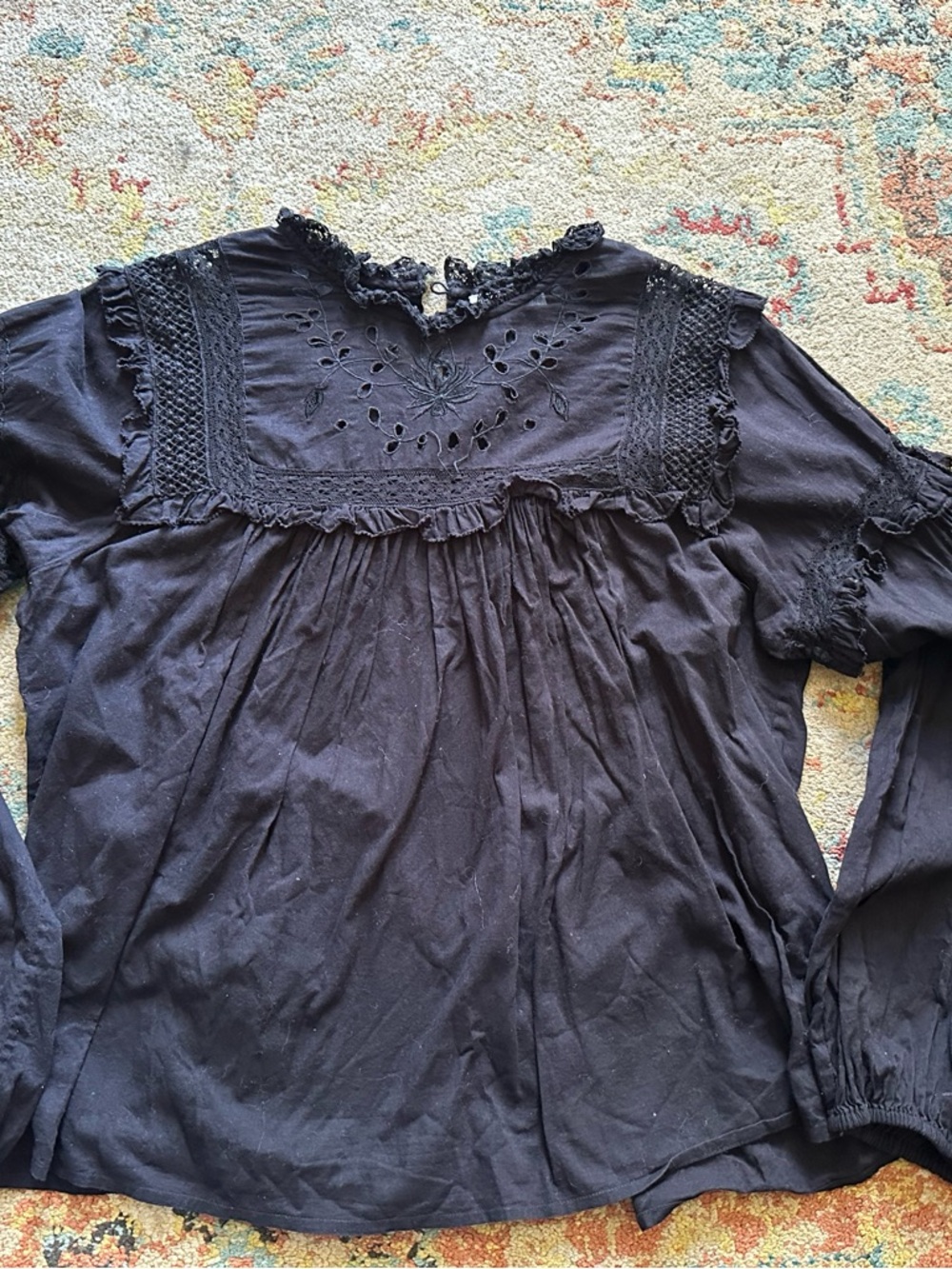 Ulla Johnson Black Embroidered Eyelet Cotton Peasant Blouse 8